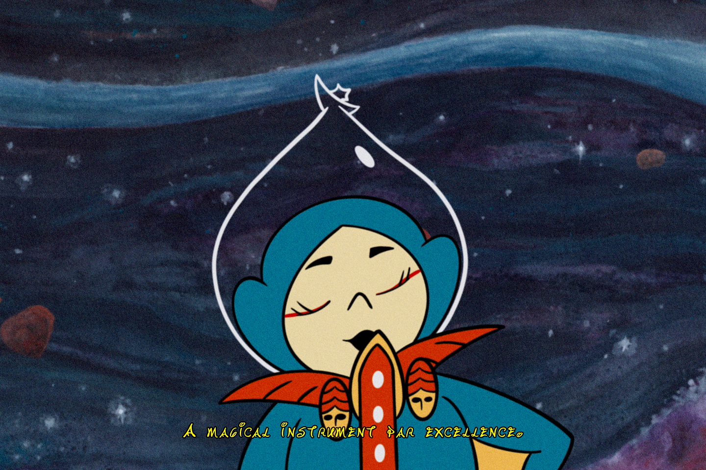 Drawn in a Hanna-Barbera-like style, a cartoon character wears a stylized blue space suit with a red chest piece. Their head is enclosed within a tear-drop shaped astronaut helmet. “A magical instrument par excellence” runs across the bottom of the image in swirly yellow capitalized text. A watercolour painting of a galaxy composes the background. 
