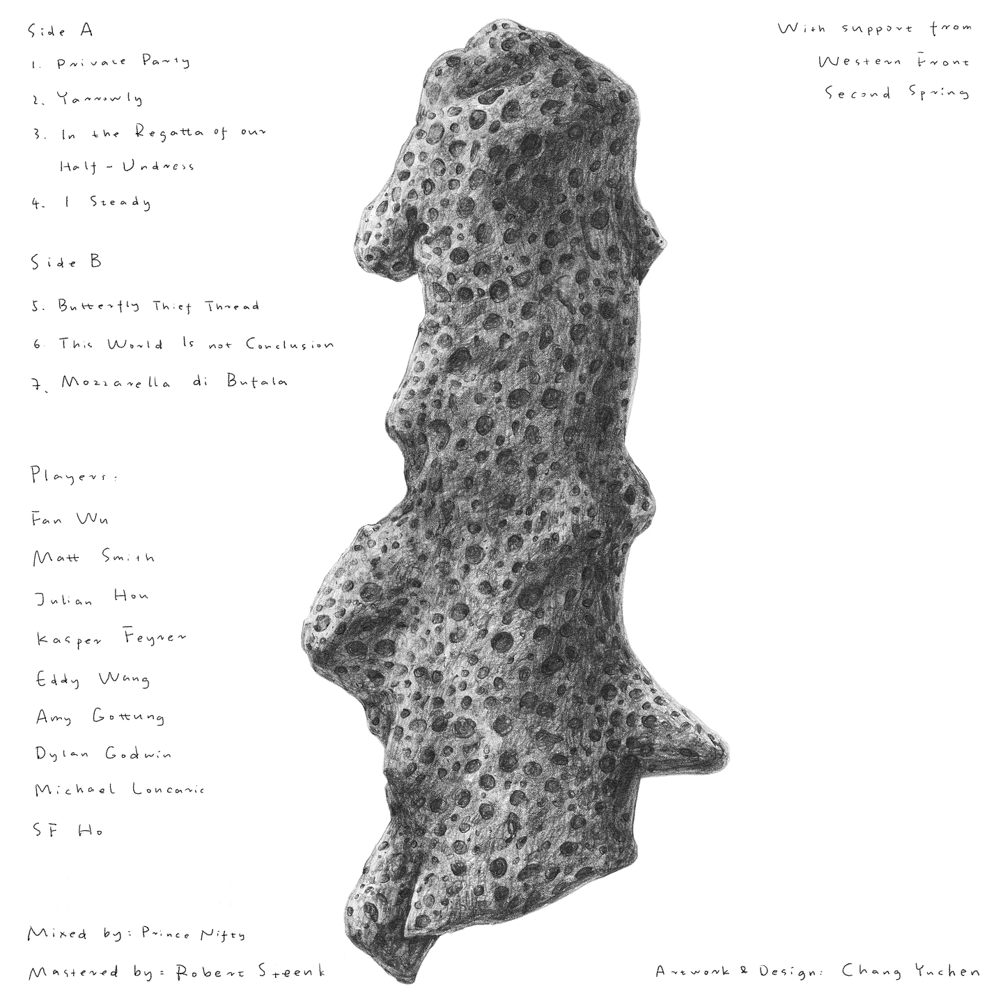  A graphite drawing of a piece of coral against a white background. Track listings and album credits are handwritten in pencil around the coral.