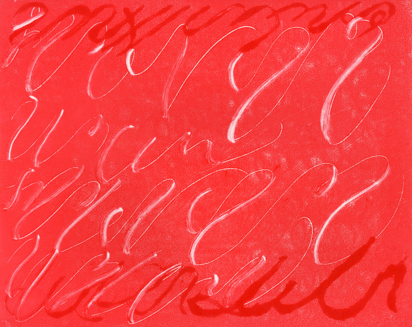 A vermillion monotype print with gestural white and red loopy markings.