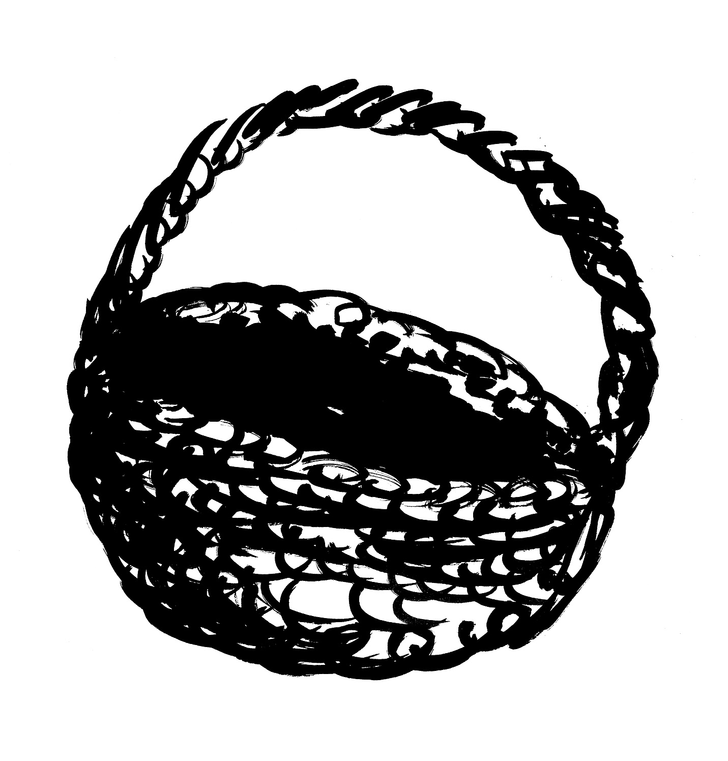 A hand-illustrated woven basket, rendered in black ink.