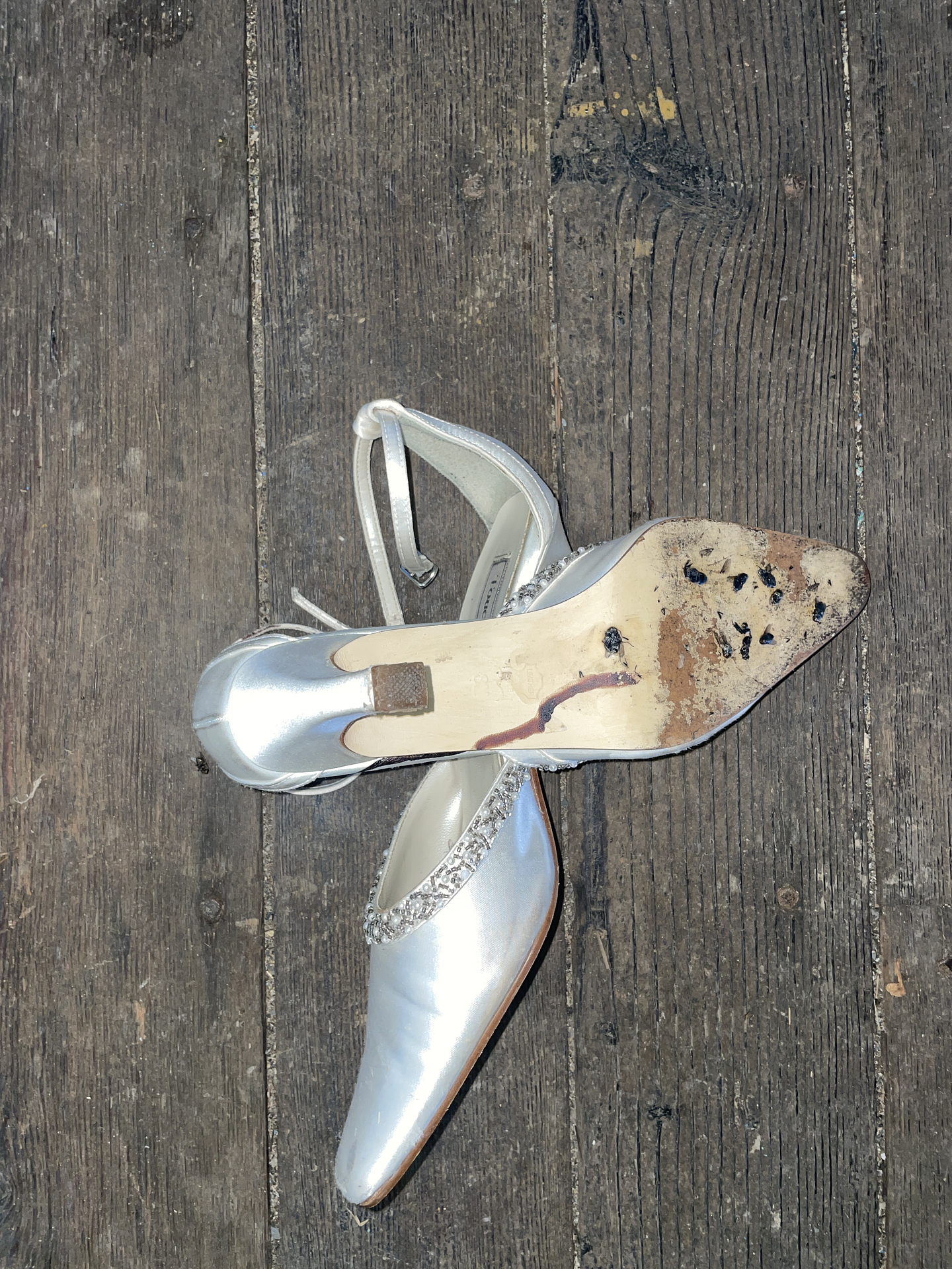 A pair of silver satin kitten heels lay on top of each other on a worn wood floor. The top shoe is flipped over to reveal a cluster of black flies crushed on the sole. 