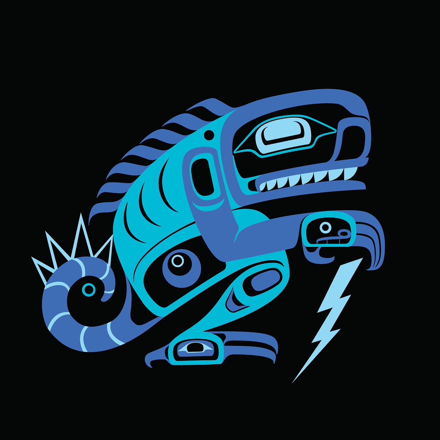 A graphic of a blue sea monster in Northwest Coast art style on a black background. The sea monster holds a lightning bolt in its hand.