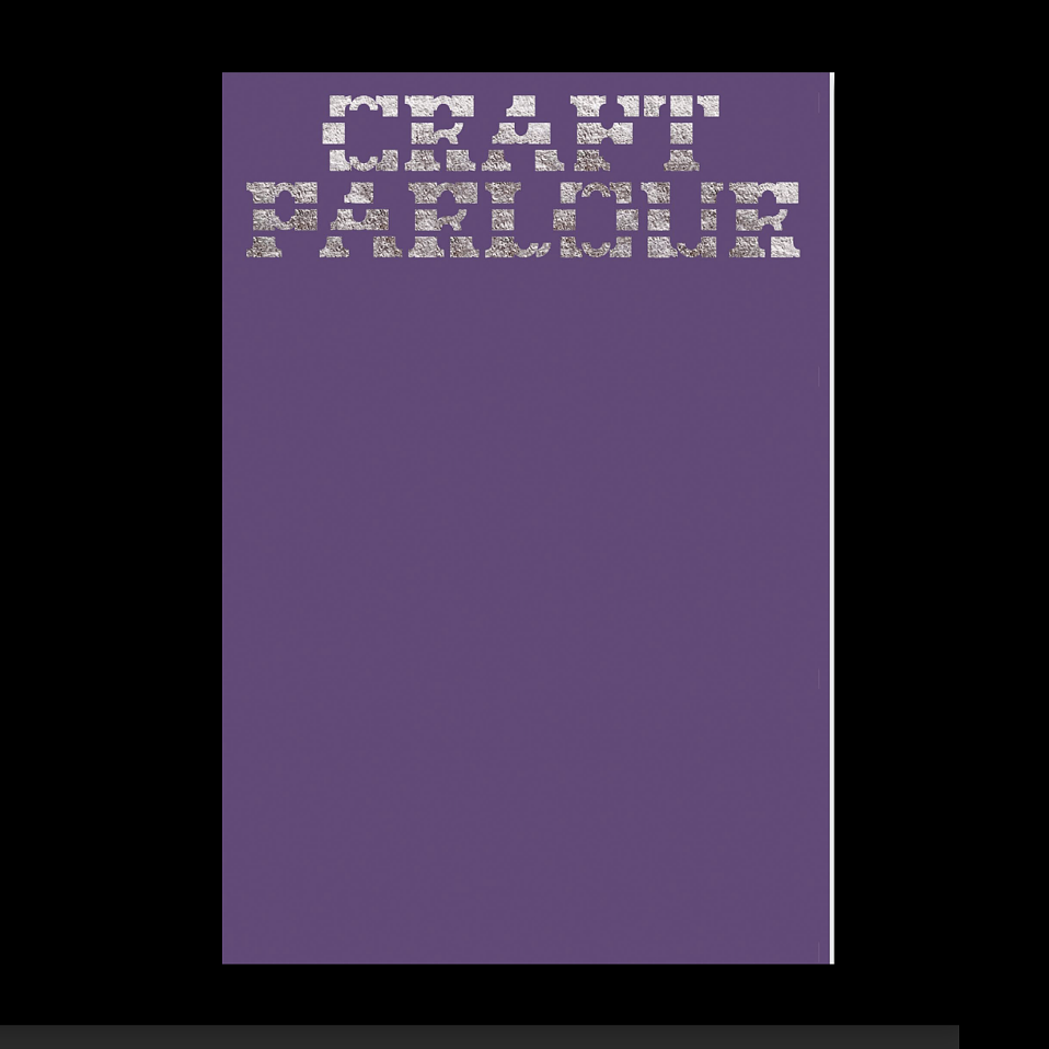A purple book clover with the words "CRAFT PARLOUR" displayed in silver, blocky stencil-style lettering at the top.