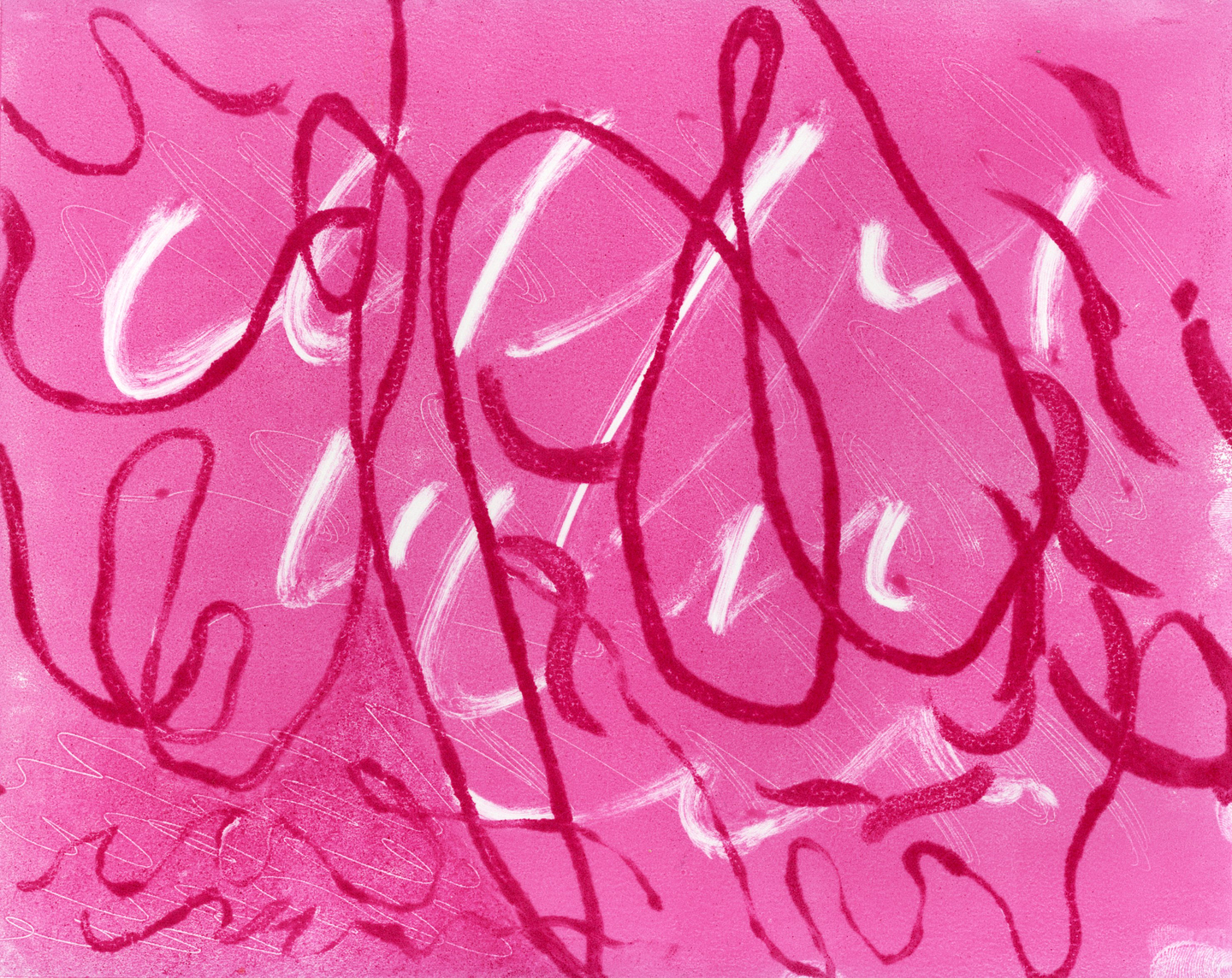 A bright pink monotype print with loopy red and white markings and scratches and that resemble cursive handwriting.