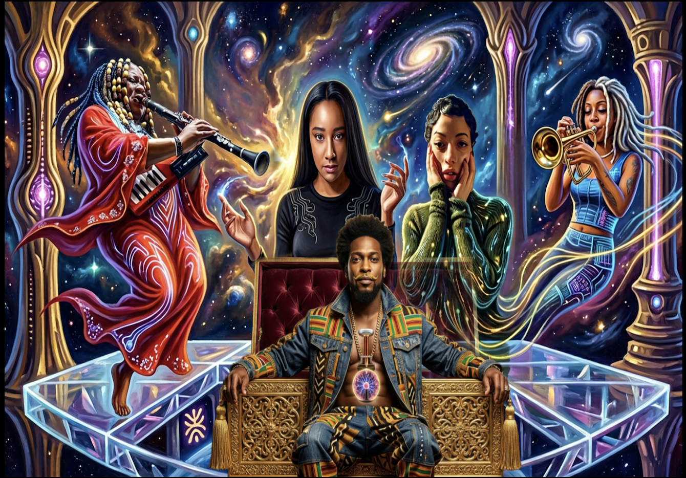 A surreal, cosmic digital image featuring a regal man seated on an ornate gold throne at the centre of a crystal platform. Three women appear in the background: one centred with a calm, focused expression, one to the right with her hands framing her face in surprise or contemplation, and one on the far right playing a trumpet as luminous ribbons of light flow around her. On the far left, a musician in a flowing red robe plays clarinet with a keyboard strapped across her chest. 