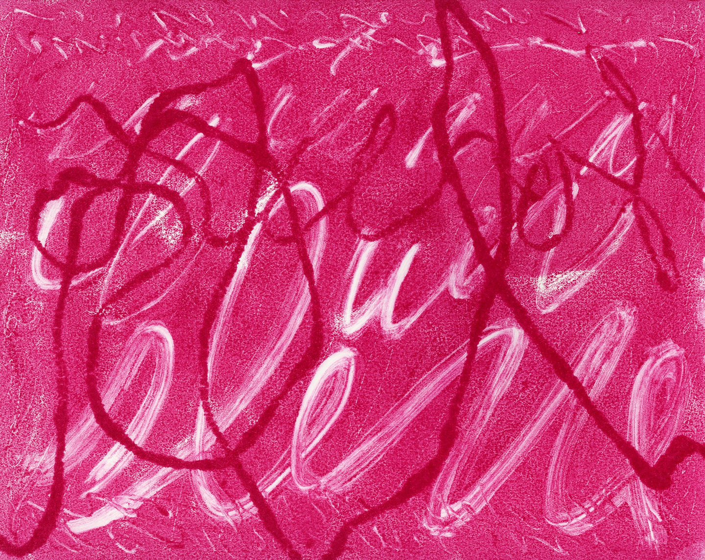 A hot pink monotype print with loopy red and white markings and that resemble cursive handwriting.