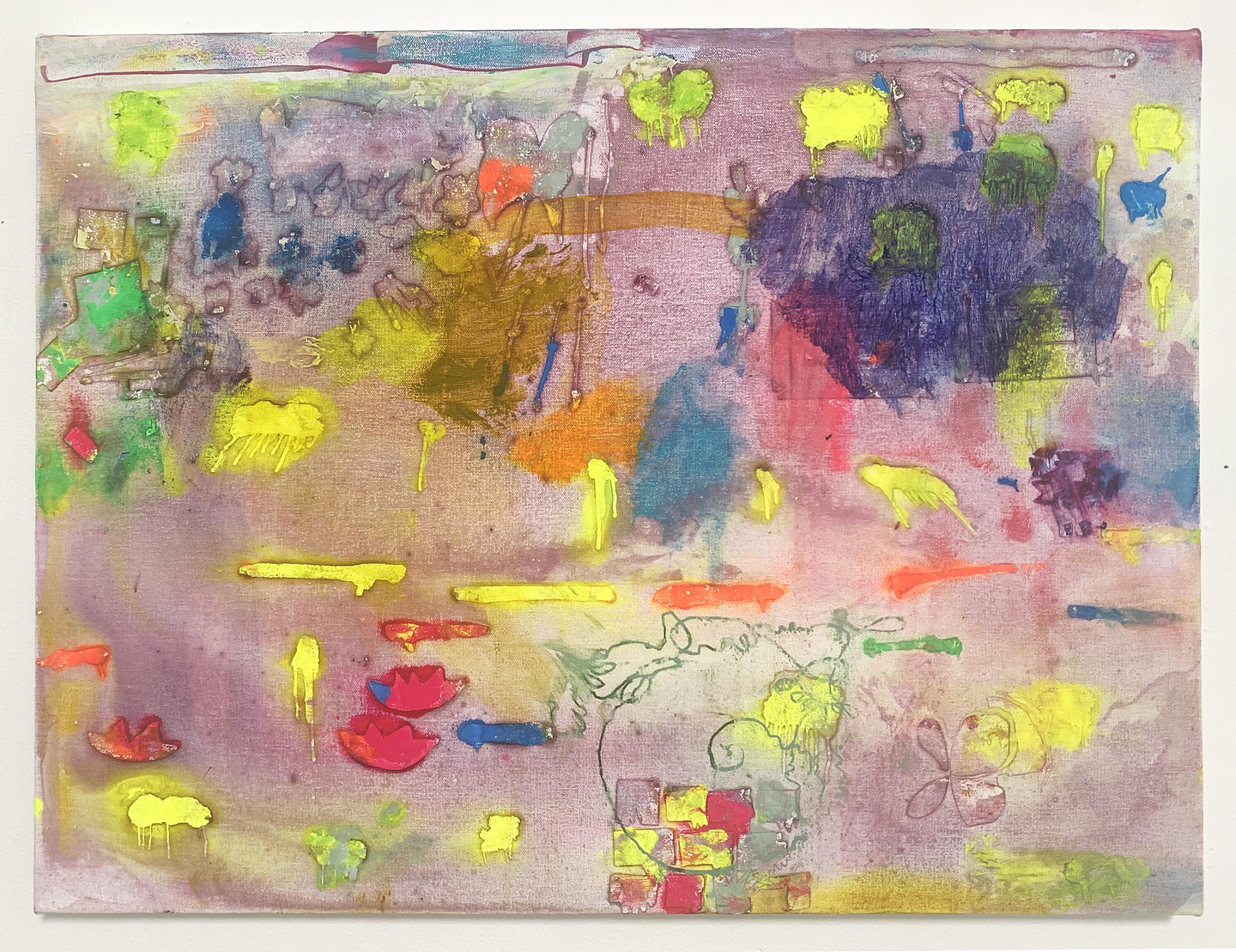 An abstract watercolour and oil painting by Rachelle Sawatsky. The horizontal canvas is lightly washed with purple and yellow pigment, which overlap and bleed in areas to create muddy pools of colour. Gestural shapes in neon yellow, orange, pink, purple, green, and blue hues are layered on top in a dynamic composition. Drips, blots, smears, and scratches from visible brush strokes add texture to the work.