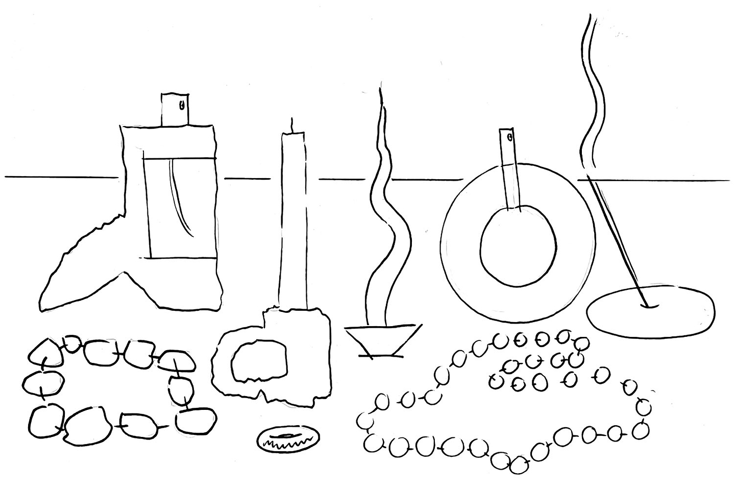 A black-and-white line drawing of various objects on a table, including perfume bottles, candlestick holders, an incense burner, beaded necklaces, and a ring.