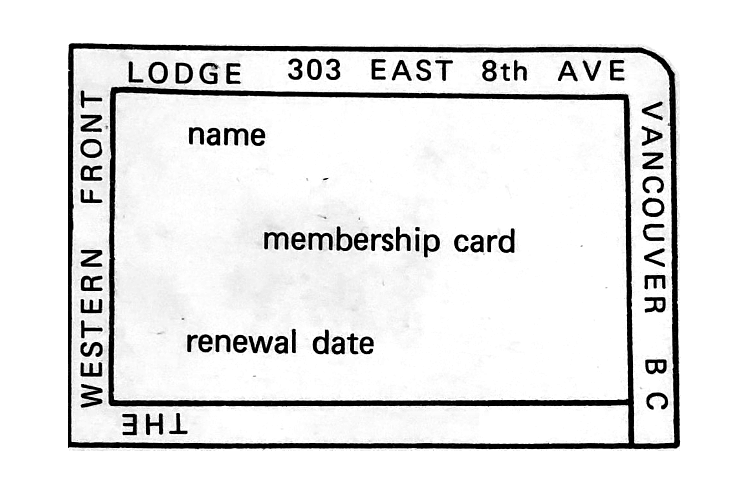 A scan of an early Western Front membership card that reads “The Western Front Lodge 303 East 8th Ave Vancouver BC” in type around the outside edge, and “name,” “membership card” and “renewal date” across the centre.