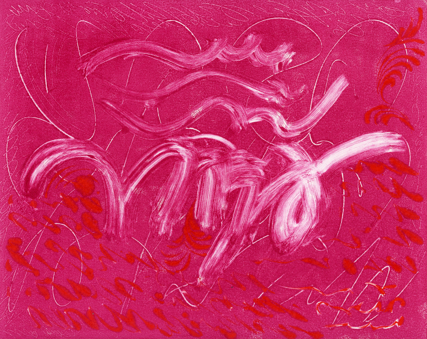 A fuchsia abstract monotype print with gestural white and red markings that resemble cursive handwriting.