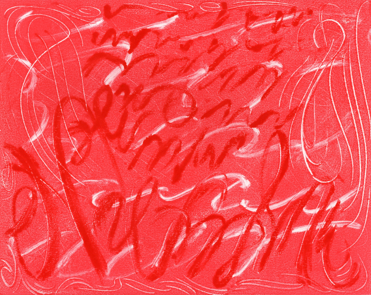 A red abstract monotype print with gestural white and red markings that resemble cursive handwriting.