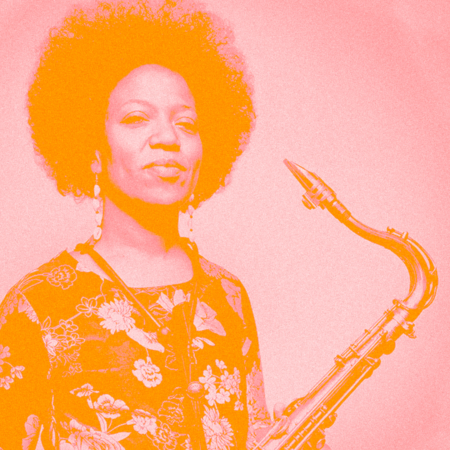 A portrait of Sakina Abdou wearing a floral top and holding a saxophone. 