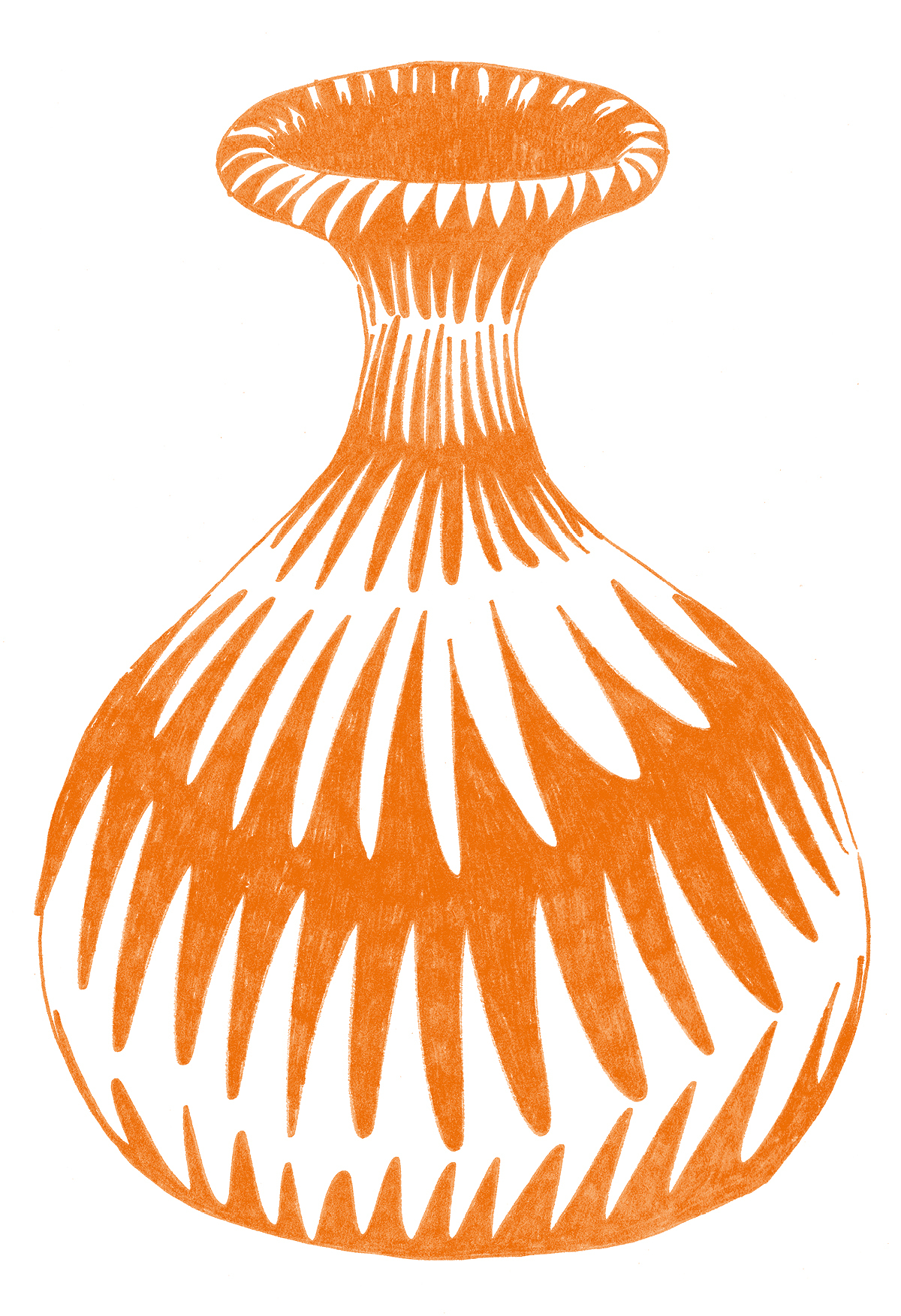A drawing in bright orange pencil crayon of a vase covered with zigzag patterns.