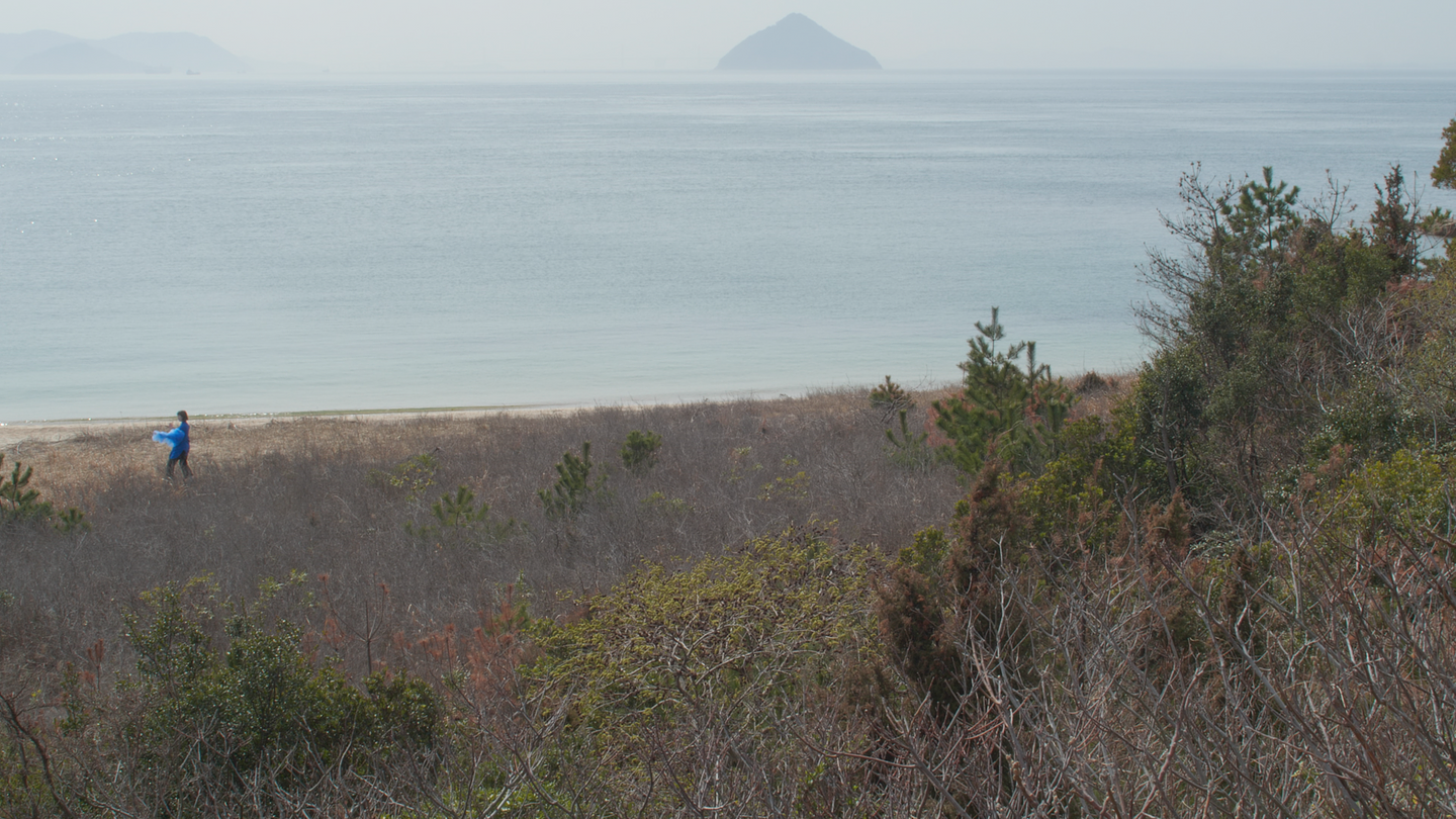 A coastal landscape in rural Japan, featuring rugged shrubbery in the foreground and ocean stretching from the middle ground to the background. A peaked island can be seen at the furthest limits of the horizon line, and to the left a figure dressed in blue can be seen dancing in the landscape.