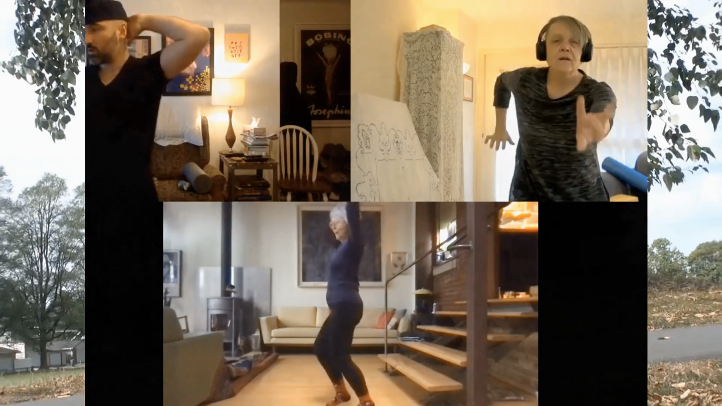A split screen recorded ZOOM meeting of artists Francisco-Fernando Granados, Margaret Dragu, and Johanna Householder dancing in their respective homes. Each of them expresses themselves with different dance moves among various domestic surroundings. The split screen composition is framed by an outdoor scene in an urban park.