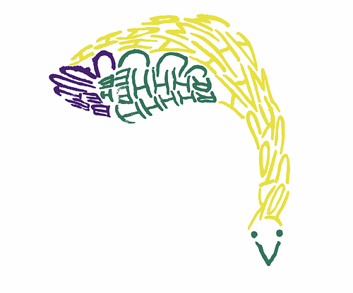 Hand-drawn, stylized bird-like figure formed from yellow, green, and purple letters on a white background.