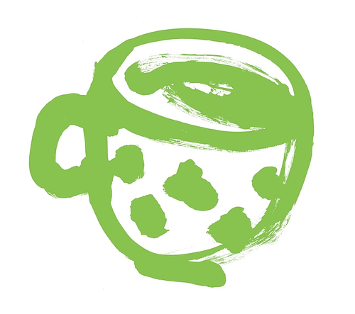A hand-illustrated spotty tea cup, rendered in green ink.