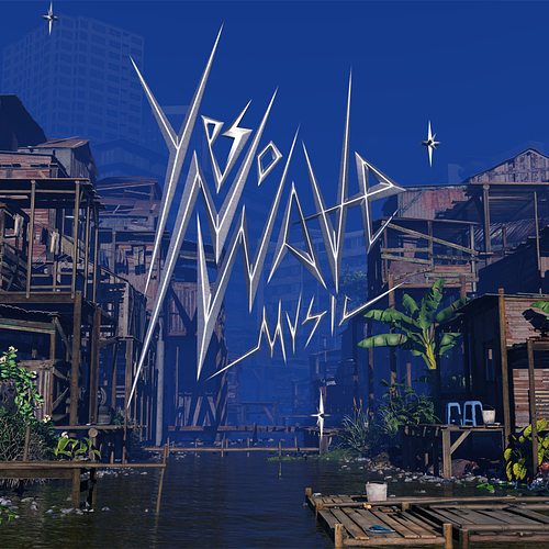 A digitally rendered scene depicting wooden houses built on stilts in the water. The opaque outline of two apartment buildings can be seen in the background, creating a ghostly imposition of urban life that towers over these traditional architectural forms. At the centre of the composition, “Yes No Wave Music” is written in a silver font with pointed edges. The text is flanked with three chrome star-shapes resembling a compass rose.
