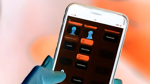 The image is a stylized still frame showing a close-up of a hand holding a smartphone, with the screen displaying a grid-like app interface featuring rectangular tiles and a few human-head icons. The colours are heavily filtered, with a warm orange background and the hand appearing bluish, giving the scene an abstract, high-contrast look.