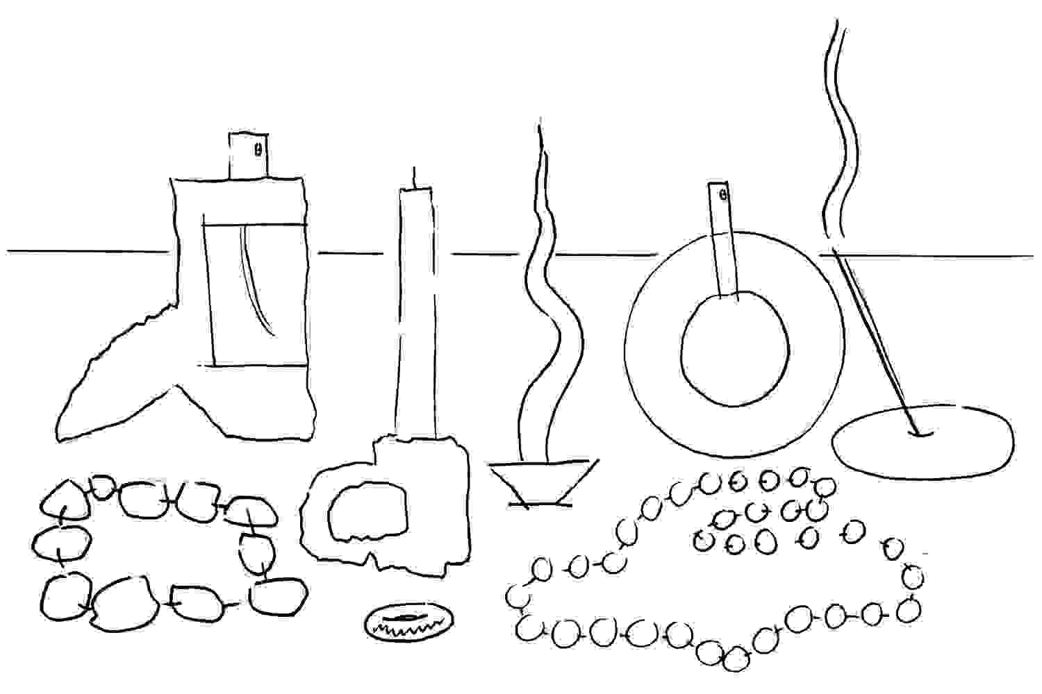 A black-and-white line drawing of various objects on a table, including perfume bottles, candlestick holders, an incense burner, beaded necklaces, and a ring.